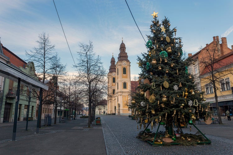 photo of view of Christmas tree in the main square of Gyongyos, Hungary with the Saint Bartholomew Church in the background.