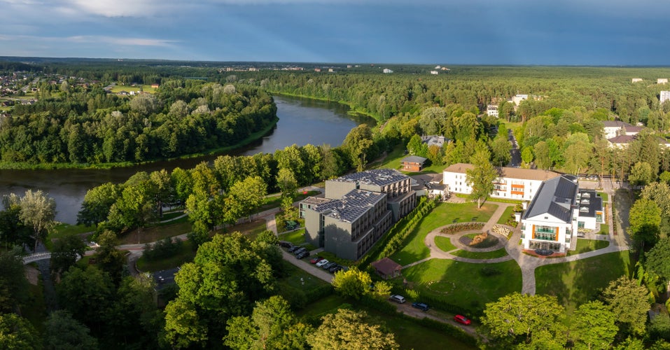 Aerial panoramic view of Lithuanian resort Druskininkai. Druskininkai in autumn colours, drone picture of multi coloured trees in most beautiful city of Druskininkai in Lithuania