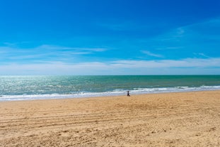 Photo of aerial view the sea of Chipiona, a coastal town in the province of Cádiz in Andalusia (Spain).