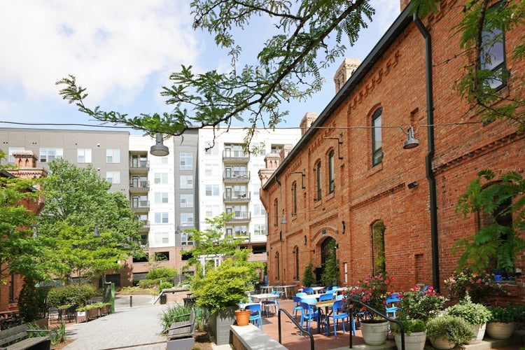 photo of view of Brightleaf Square complex near downtown Durham, which includes restaurants and shops in renovated tobacco warehouses as well as apartments