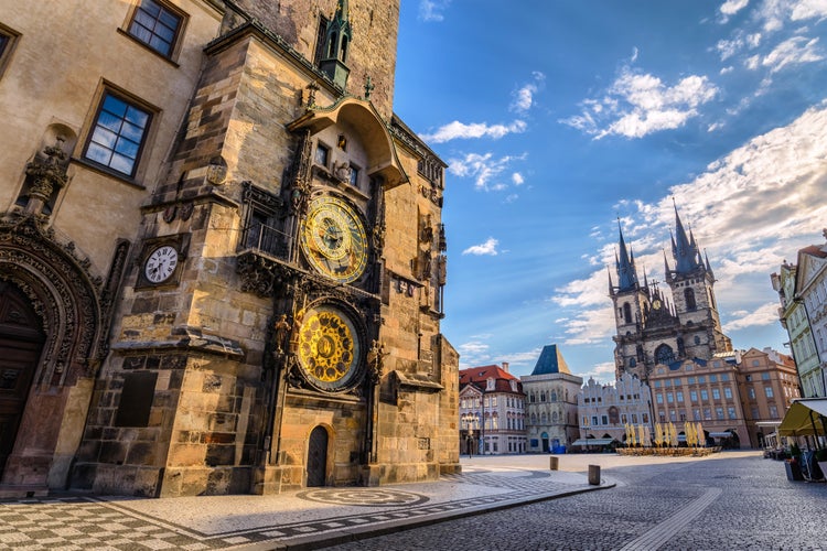 Photo of Prague Old Town Square Czech Republic, sunrise city skyline at Astronomical Clock Tower.