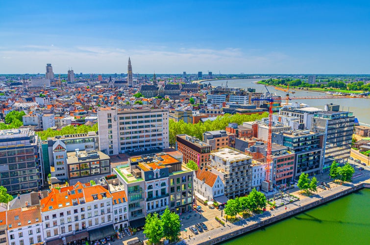 Antwerp cityscape, aerial panoramic view of Antwerp city historical centre, skyline horizon panorama of Antwerpen old town and Scheldt river, Flemish Region, Belgium