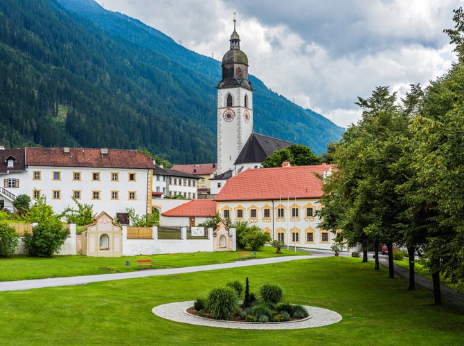 photo of view of Cistercian Stams Abbey (Stift Stams), founded in 1273 by Count Meinhard II of Gorizia-Tyrol and his wife in Imst, Sonnenplateau, western Innsbruck, Stadt Imst, Austria.