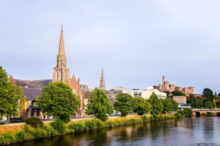 photo of Pitlochry panoramic aerial view with church. Pitlochry is a town in the Perth and Kinross council area of Scotland.