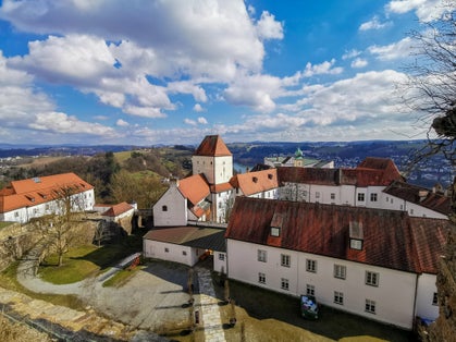 Aerial view of Unterhaus Castle in Passau, Germany.