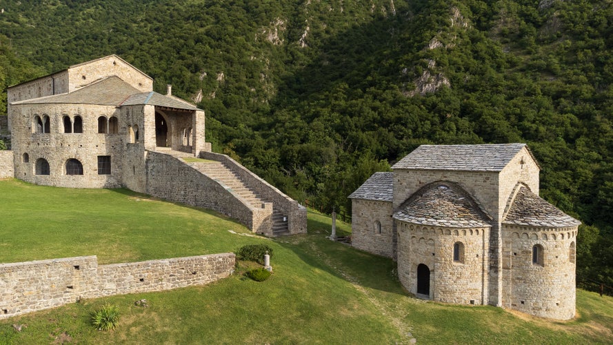 Abbey of San Pietro al Monte in the province of Lecco in Italy, a medieval religious complex surrounded by nature