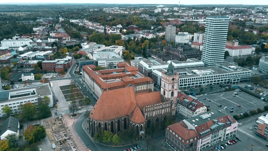 photo of aerial shot of St. Marienkirche church in Frankfurt on the Oder. Germany.