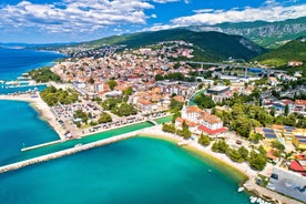 Photo of aerial view of Historic Adriatic town of Krk aerial view, Island of Krk, Kvarner bay of Croatia.