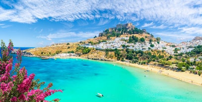 Photo of aerial view of seaside village of Archangelos in Laconia, Greece.