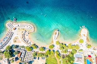 Photo of aerial view of Historic Adriatic town of Krk aerial view, Island of Krk, Kvarner bay of Croatia.