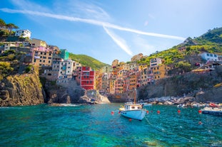 Photo of aerial view of Levanto or Levante, a beautiful fishing village in Liguria, Italy.