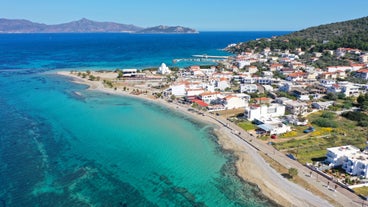 Photo of panoramic aerial view of Skala popular touristic destination in Lesvos island, Aegean sea, Greece.