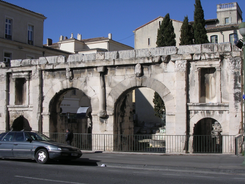 Photo of Nimes Arena aerial panoramic view. Nimes is a city in the Occitanie region of southern France.