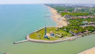 Photo of aerial view of Lido di Jesolo, or Jesolo Lido the beach area of the city of Jesolo in the province of Venice, Italy.