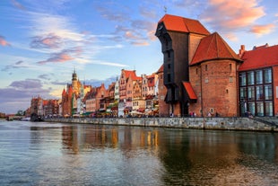 Photo of aerial view of Torun old town with Vistula river, Poland.