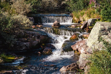 photo of creek on the top of the mountain leading to the waterfall Njupeskär in Fulufjallet National Park in Dalarna, Sweden. Popular tourist destination for hiking.