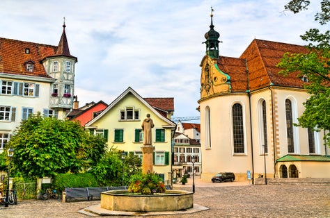 photto of view of Saint Gallus Fountain in Sankt Gallen, Switzerland.