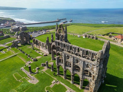 Photo of aerial view of Whitby Abbey on the North Yorkshire coast England UK.