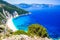 photo of view Kefalonia, Greece. Myrtos Beach, most beautiful beach of the island and one of the most beautiful beaches in Europe, divarata, Italy.