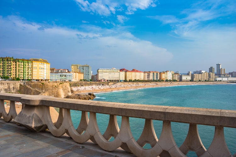 Photo of panoramic view of Orzan beach and the city of La Coruna, in the Galicia region of Spain.