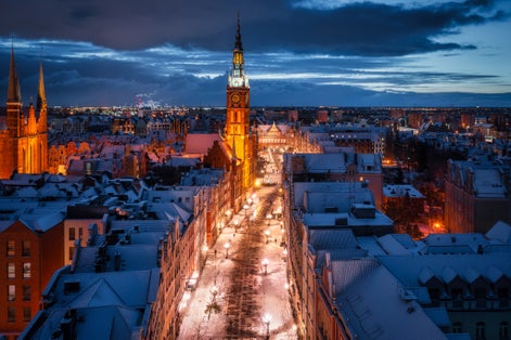 Aerial view of the beautiful main city in Gdansk at winter, Poland