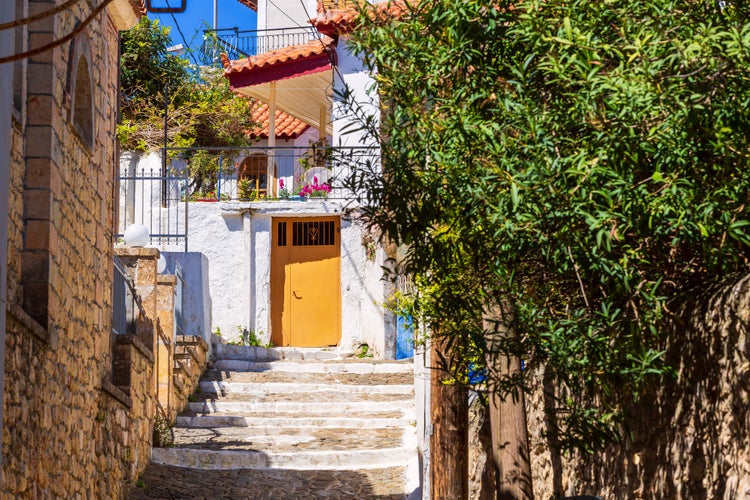 Photo of street view in traditional Kalamata greek fishing village of Koroni, Greece in Peloponnese.