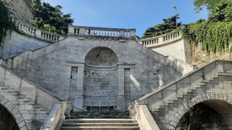 Photo of Trieste lighthouse Phare de la Victoire and cityscape panoramic aerial view, Friuli Venezia Giulia region of Italy.