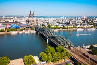 Photo of aerial view of the city ,Rheinturm and Media Harbour district in Dusseldorf city in Germany.