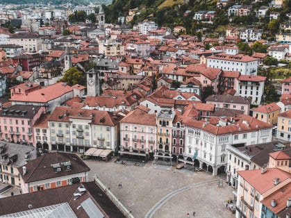 photo of aerial view over Piazza Grande in Locarno, Switzerland.