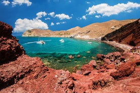 Photo of aerial view of Akrotiri Village in Santorini, Greece.