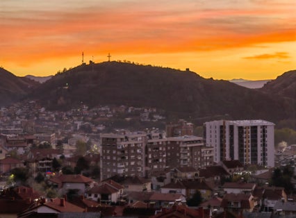 Night time, cityscape. Scenery. Sunset time. Magic in the sky. Flame over city, concept. Shtip, Macedonia 2023.