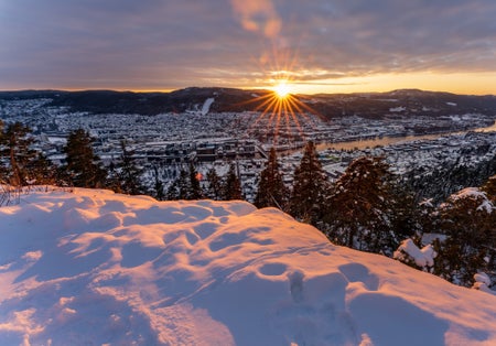 Sunset over Drammen, a town in Norway.