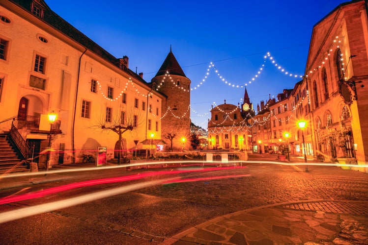 Photo of night view of Yverdon les Bains streets with his baroque style architecture, Switzerland.