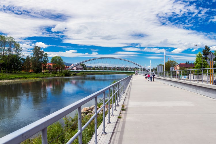 Walking path along the bank of the Koszarawa river. In the background, an arch-shaped bridge. A steel railing separating the sidewalk from the river. Żywiec, Poland