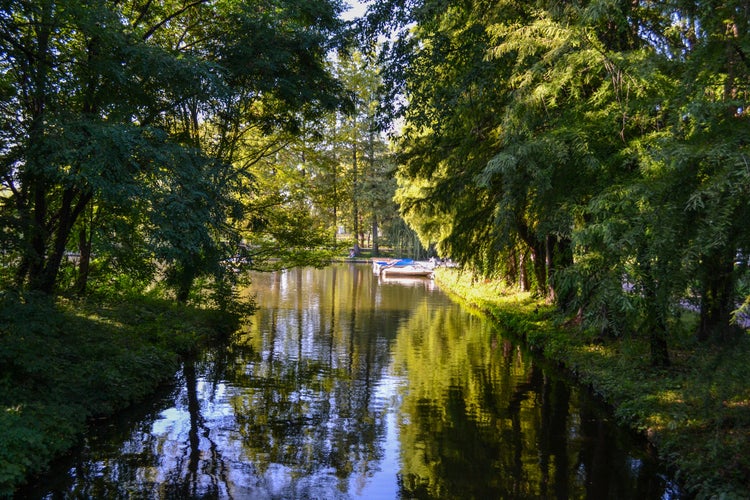 River lined with trees and boats in summer time, Pitesti, Romania