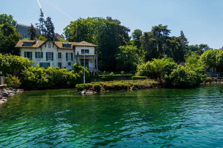 photo off view of The beautiful French town of Thonon on the shores of Lake Geneva, Thonon Les Bains, France.