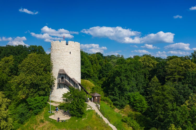 Kazimierz Dolny, Poland. Aerial view of Tower of the castle in Kazimierz Dolny at Vistula river, popular tourist destination in Poland. Bird's-eye view.