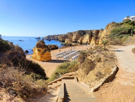 Photo of panoramic aerial view of Praia da Luz in municipality of Luz in Algarve, Portugal.