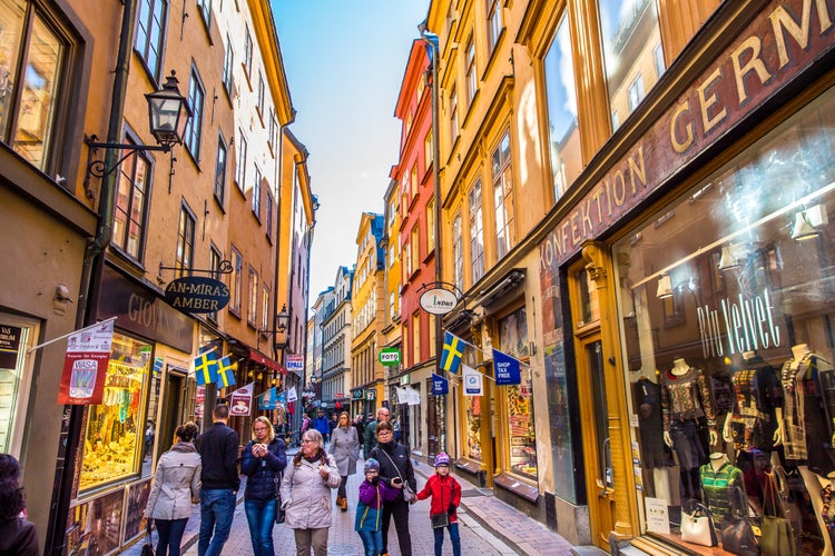  Stockholm central shopping street of Gamla Stan . Gamla Stan is the well-preserved old town centre of Stockholm.