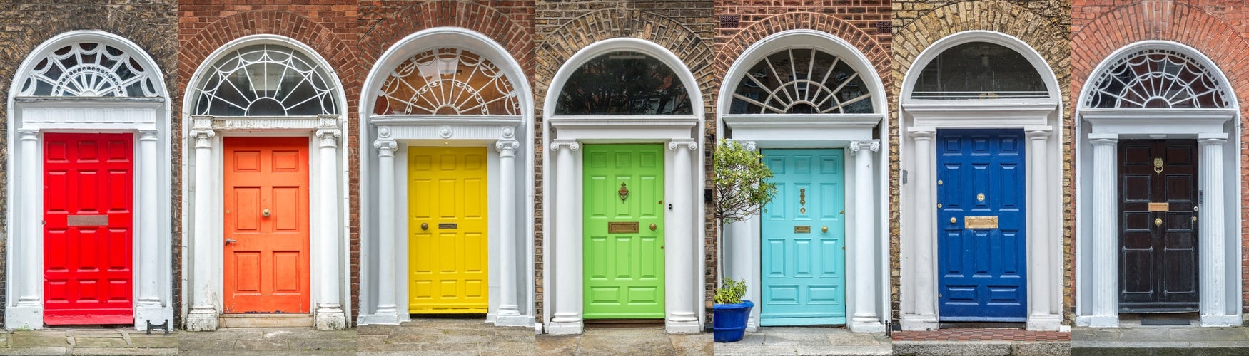 Panoramic rainbow colors collection of doors in Dublin, Ireland.