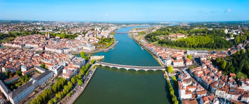 photo of an aerial view above Saint-Jean-de-Luz is a fishing town at the mouth of the Nivelle river, in southwest France’s Basque country. 