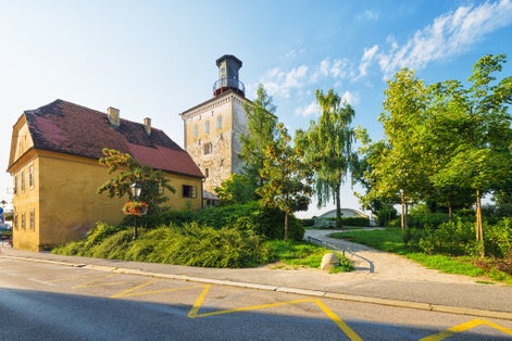 Photo of famous Lotrscak Tower in the old historic upper town of Zagreb, Croatia.