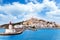 Photo of Eivissa ibiza town from red lighthouse red beacon in Balearic Islands, Spain.