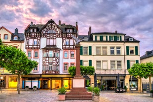 Photo of beautiful aerial view of Frankfurt at sunset Germany financial district skyline.