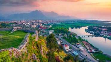 Photo of aerial view of historical protected town of Gjirocaster , Southern Albania.