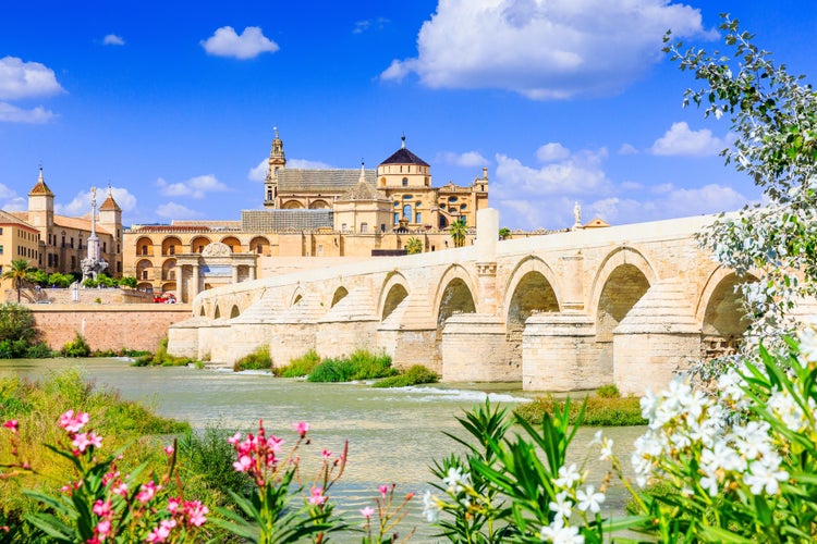 photo of view of Cordoba, Spain. The Roman Bridge and Mosque (Cathedral) on the Guadalquivir River.