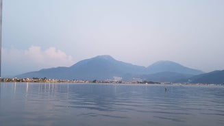 Photo of aerial view of Oludeniz Bay view in Fethiye Town, Turkey.