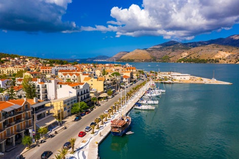 Photo of aerial drone view of Argostoli (Argostolion), famous city and capital of Cefalonia (Kefalonia) island, Ionian islands, Greece.
