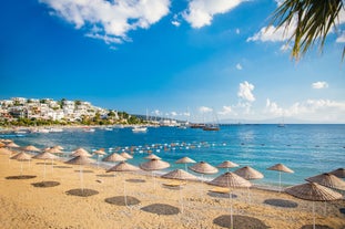 Photo of aerial view of Kuşadası beach resort town on Turkey’s western Aegean coast.