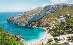 Photo of Javea Xabia skyline view from Mediterranean sea Alicante Spain.